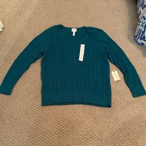 NWT St. John's Bay Teal V-Neck Cable Knot Sweater
